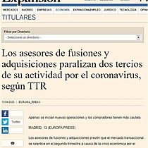 Los asesores de fusiones y adquisiciones paralizan dos tercios de su actividad por el coronavirus, segn TTR